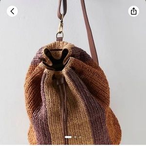 NWOT Free People Summer Raffia Drawstring Leather Bag